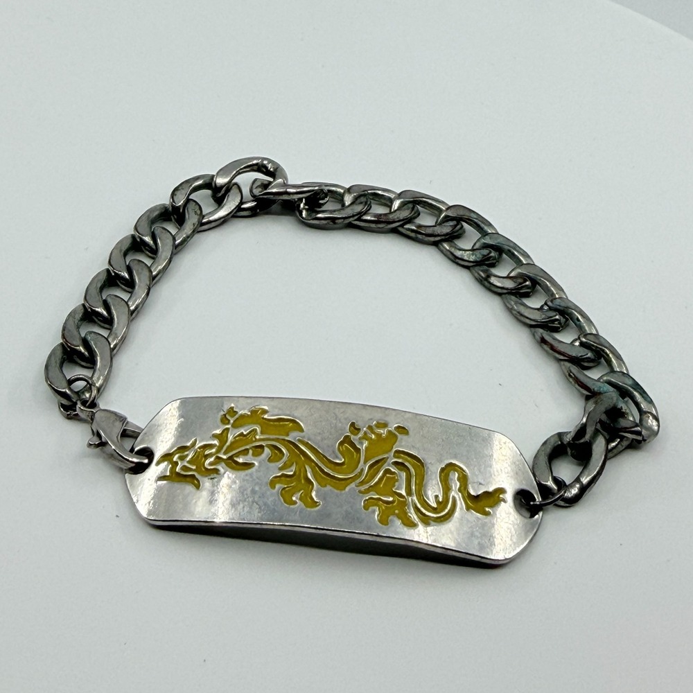 Vintage Y2K Yellow Enamel Dragon Curb Chain Bracelet Silver Tone